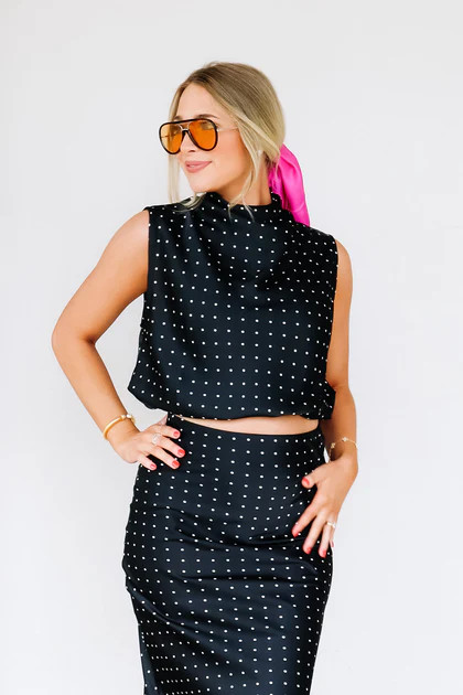 After Hours High Neck Black Polka Dot Sleeveless Top | The Willow Tree