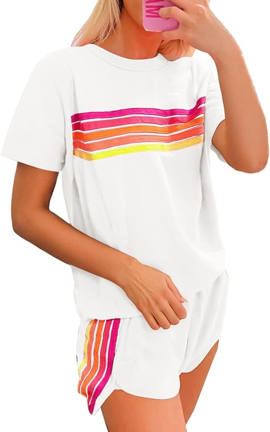 SHEWIN Womens Two Piece Lounge Sets Casual Short Sleeve Pullover Tops Matching Runner Shorts Cozy... | Amazon (US)