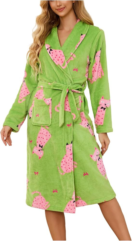 Women's Pajamas Green Background Tiger Print Long Robe with Pockets and Bow, Warm and Comfortable... | Amazon (US)