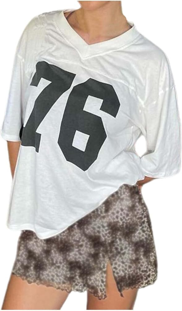 Summer Fashion V Neck T Shirt Digital Print Short Sleeve Loose Fit Casual Streetwear Top for Wome... | Amazon (US)