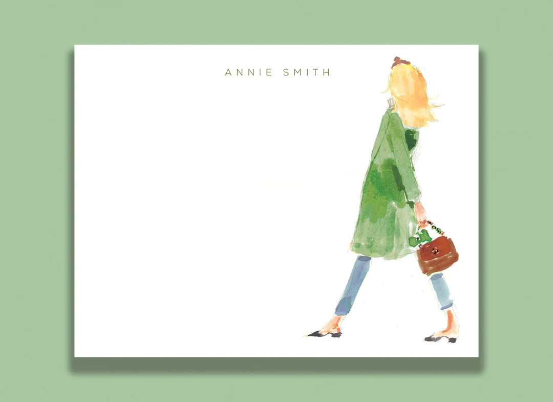 Personalized Stationery Set: Green Coat Headband Girl {stationary Notecards, Personalized, Waterc... | Etsy (US)