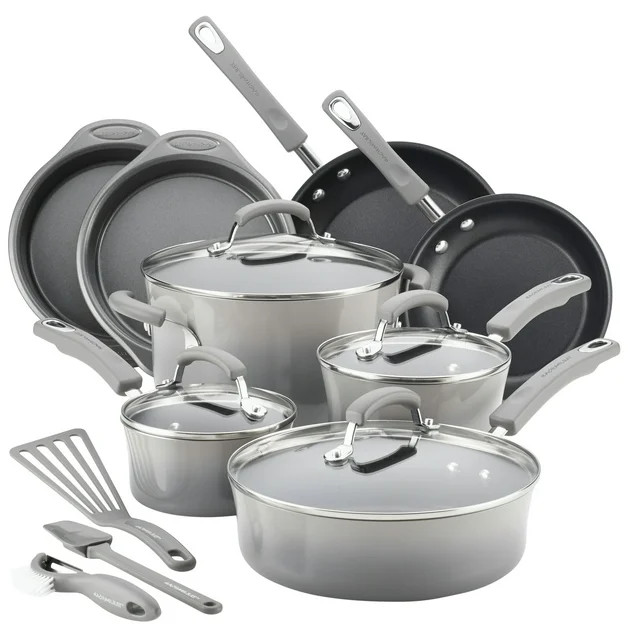 Rachael Ray 15-Piece Hard Enamel Aluminum Nonstick Cookware Set, Gray | Walmart (US)