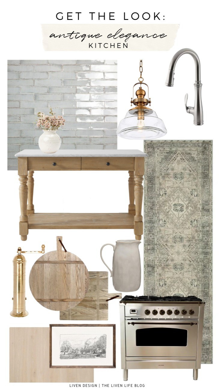 Antique elegant kitchen. Kitchen decor. Glass and brass pendant. Kitchen island pendant. Kitchen. Glazed tile. Backsplash. Kitchen island. Ceramic vase. Traditional kitchen. Runner rug. Vintage rug. Landscape etching art. Vintage art. Salt grinder. Wood board. Bread board. Oven range. 

#LTKSeasonal #LTKHome #LTKSaleAlert