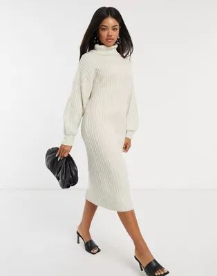 ASOS DESIGN midi ribbed dress with cowl neck in oatmeal | ASOS (Global)