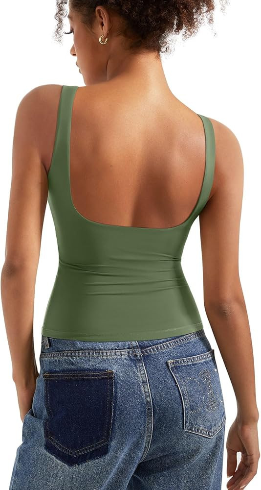 SUUKSESS Women Padded Open Back Boat Neck Tank Tops Double Lined Basic Shirts | Amazon (US)