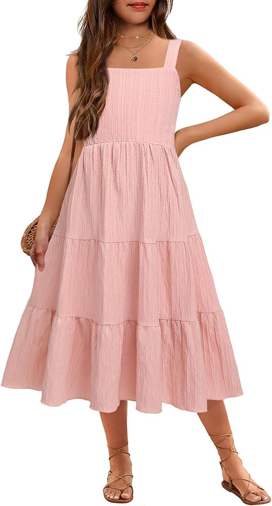 Arshiner Girl's Sundresses Summer Boho Strap Tiered Cami Maxi Dresses with Pockets | Amazon (US)