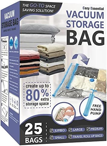 25 Pack Vacuum Storage Bags, Space Saver Bags (5 Jumbo/5 Large/5 Medium/5 Small/5 Roll) Compressi... | Amazon (US)