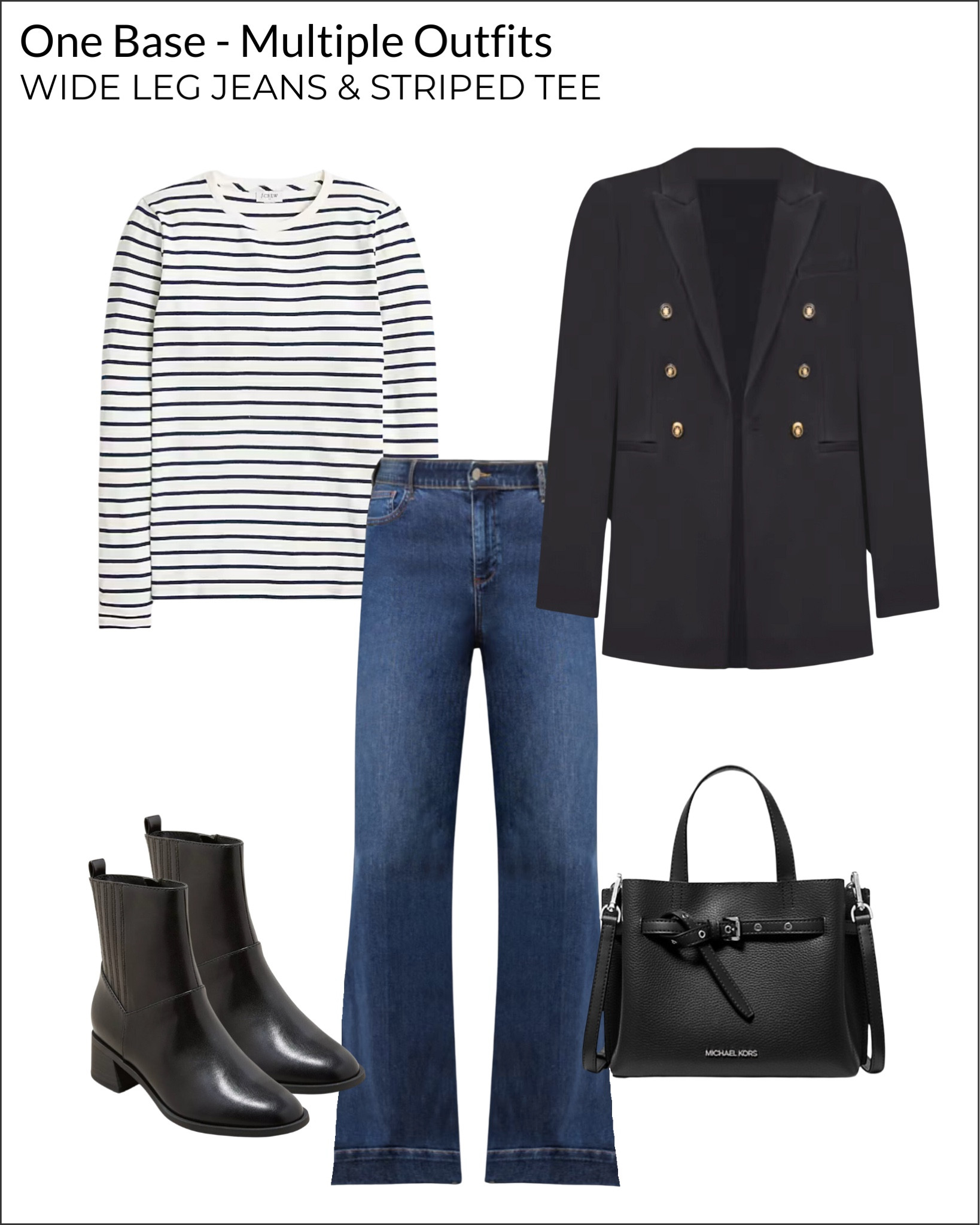 1 Base, 10 Outfits: How To Style Wide Leg Jeans And A Striped Tee In Multiple Budget-Buy Outfits

Black blazer, ankle boots