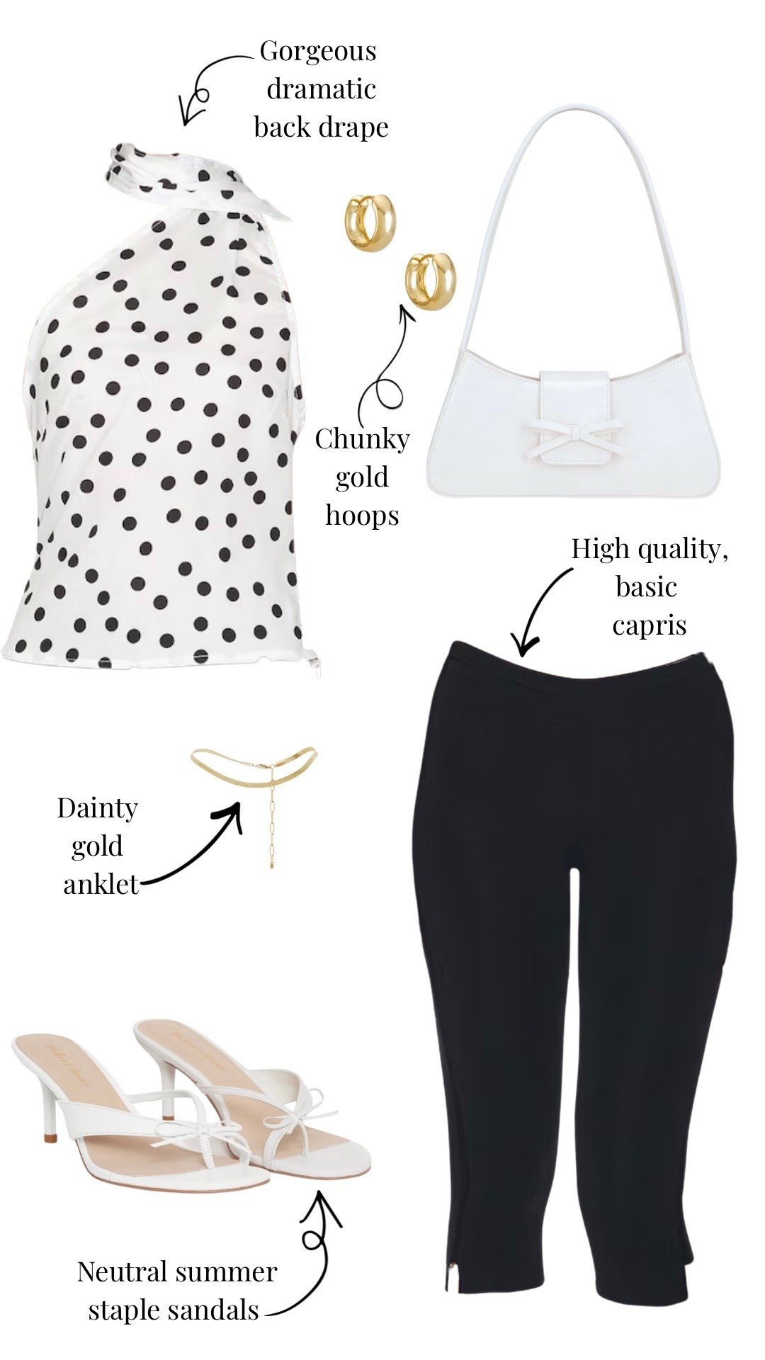Effortless chic outfit.
I’m loving this classy black & white look — a polka dot halter top paired with flattering black capri pants, white heeled sandals, chunky gold hoops, and a sleek white shoulder bag. Perfect for date nights, brunch, vacations, or casual evenings out.

Everything is linked for easy shopping — save this for your next cute summer outfit idea!

Classic • feminine • timeless

#LTKStyle #LTKSummer #LTKUnder100 #DateNightOutfit #SummerFashion #ChicStyle #CapsuleWardrobe #NeutralOutfit #WomensFashion #OOTD #OutfitInspo #AffordableStyle

#LTKNYFW #LTKootd