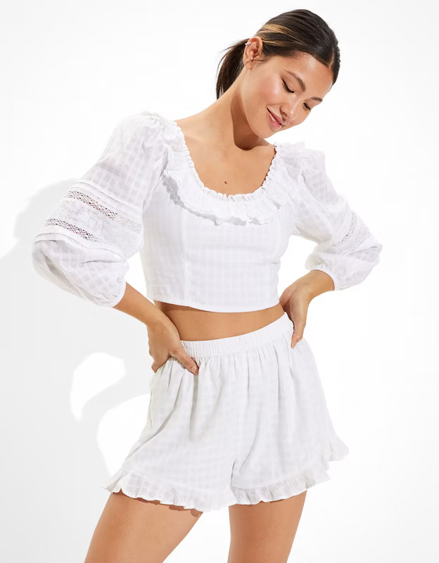 AE Cropped Scoop Neck Long-Sleeve Ruffle Shirt | American Eagle Outfitters (US & CA)