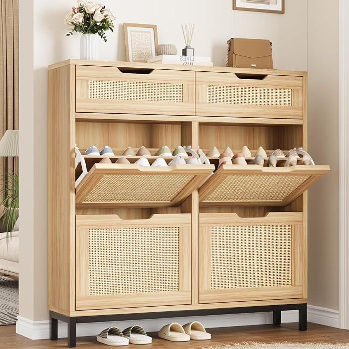 Jocoevol Rattan Shoe Cabinet for Entryway, Boho Shoe Storage Cabinet with 4 Flip Drawers and 2 Dr... | Amazon (US)