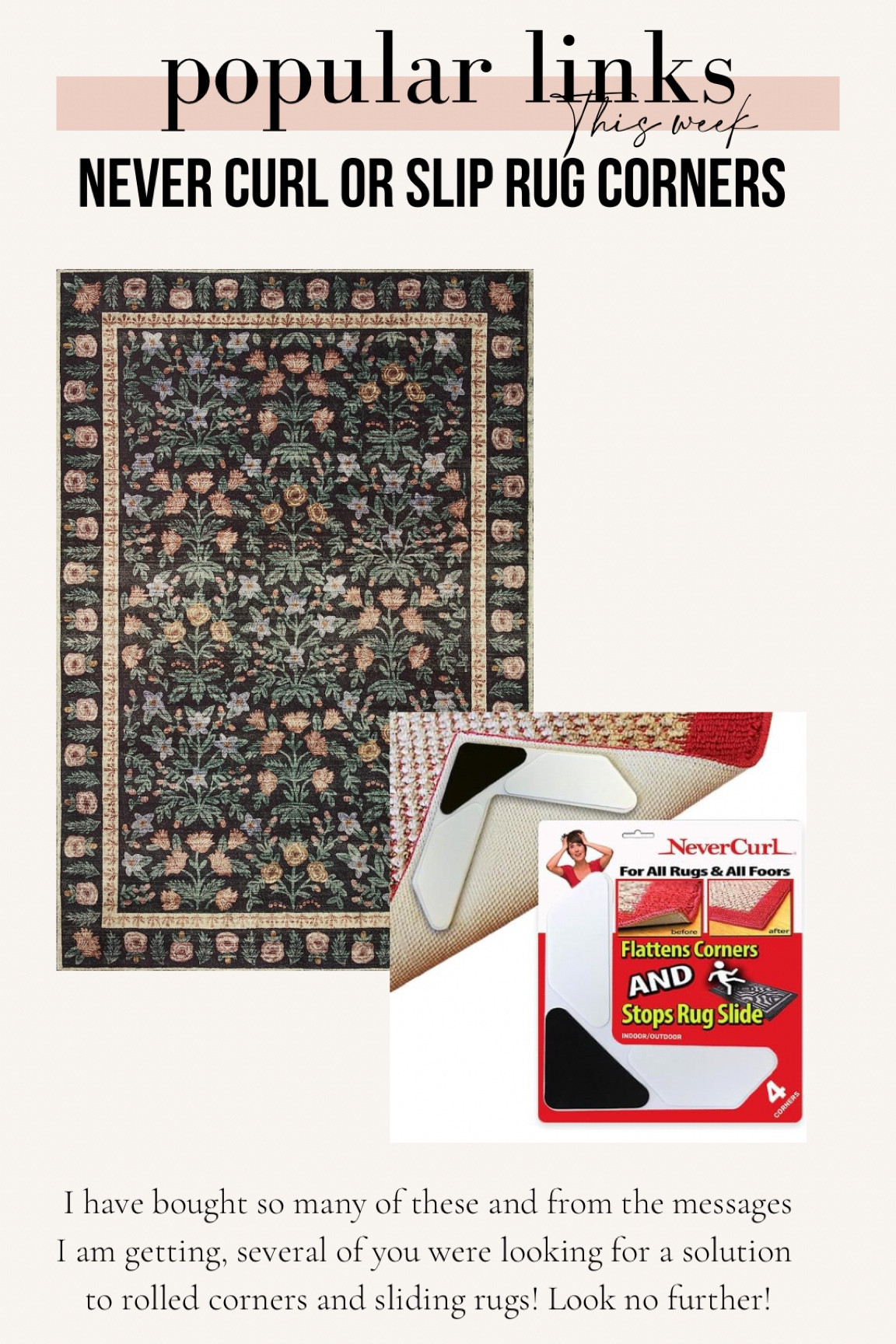 No slip no curl rug corners for the win! @amazon #rugcorner #arearug #nonslip #grip

#LTKunder50 #LTKstyletip #LTKhome
