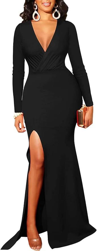 HipGlamp Formal Maxi Dress for Women Sexy Deep V Neck Wrap Side Split Bodycon Cocktail Party Long... | Amazon (US)
