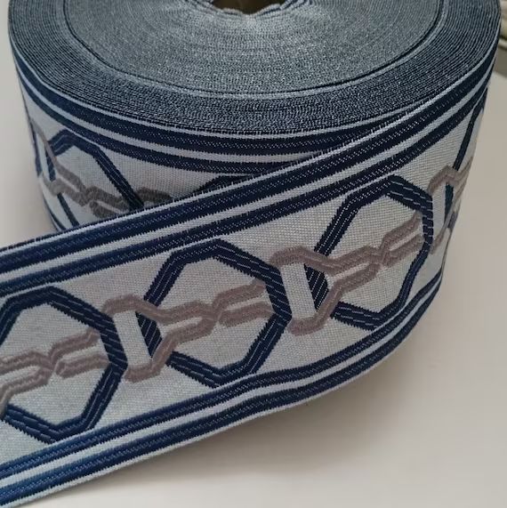 decorative curtain border trim tape 70mm wide navy blue yellow for sewing, geometric fabric embro... | Etsy (US)