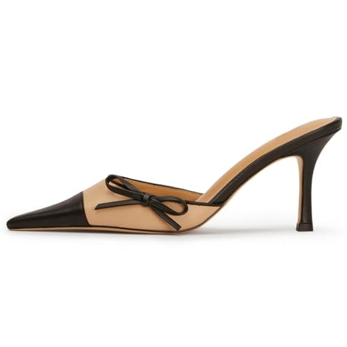DOEYG Black Kitten Heels for Women Pointed Toe Heels Mules Closed Toe Heeled Mules for Women Bow Vintage Heels Dressy Sexy Pointy Heels Slip on Stiletto Heels Pumps Size 10.5 Nude | Amazon (US)