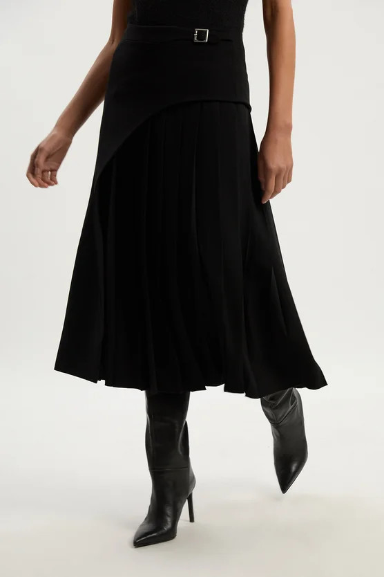Tailored Buckle Detail Pleated Midi Skirt | Karen Millen UK + IE + DE + NL