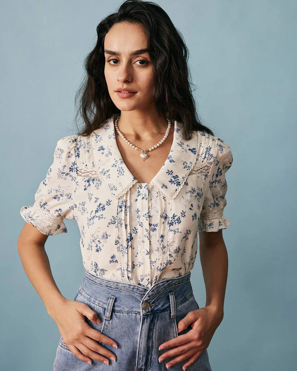 The Lace Spliced Pleated Floral Shirt | rihoas.com