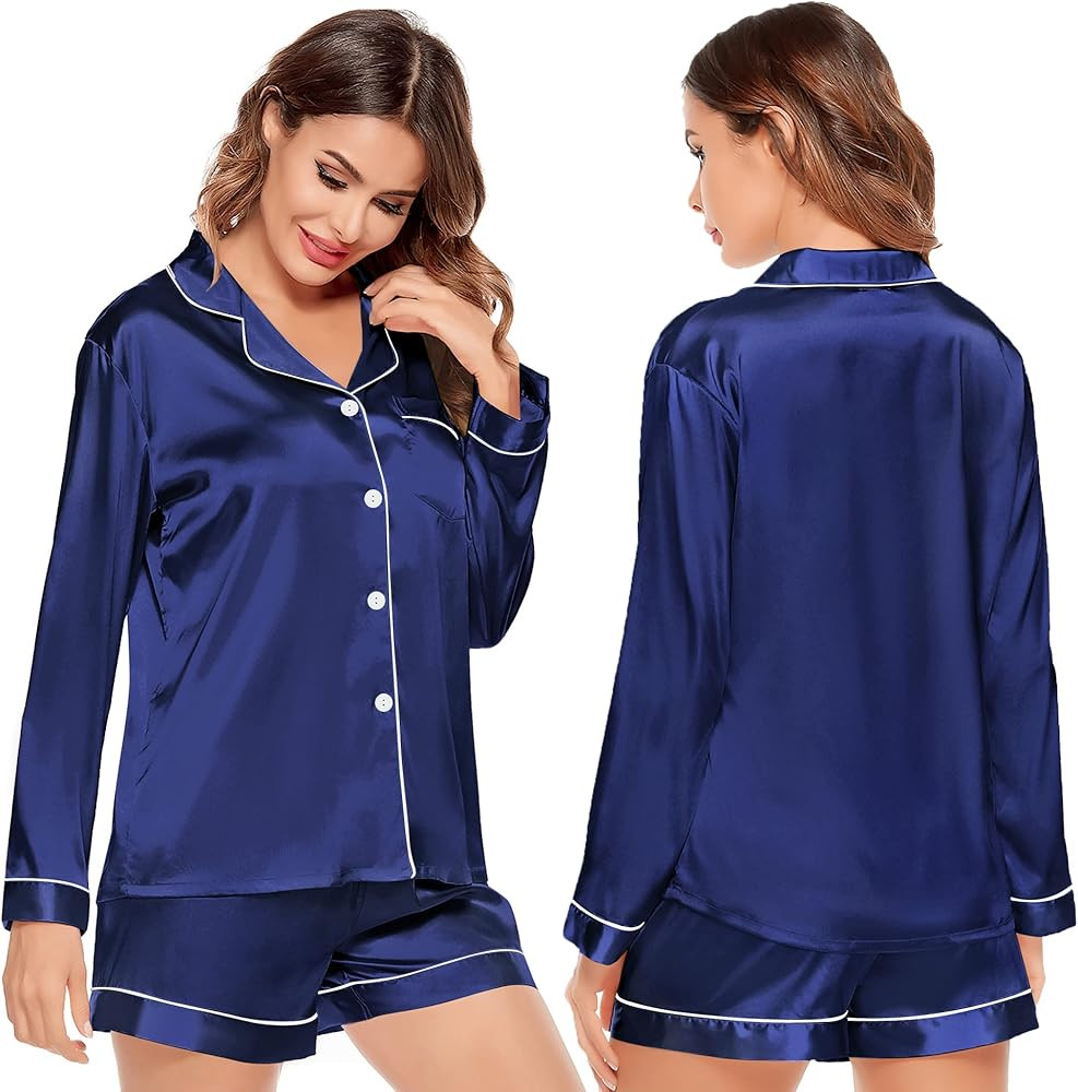 SWOMOG Womens Silk Satin Pajamas Set Long Sleeve Loungewear Two-piece Sleepwear Button-Down Pj Se... | Amazon (US)