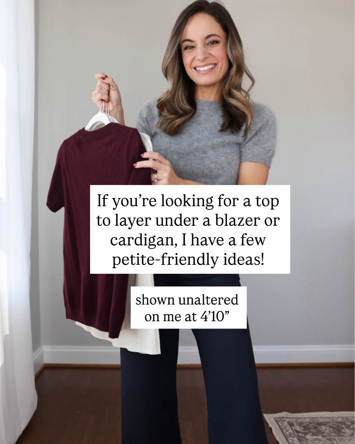 If you’re looking for a top to layer under a blazer or cardigan, I have a few petite-friendly ideas! 

Draped top (Quince): xs 
Cotton cashmere boatneck (Quince): xs 
Cashmere tee (Quince): xs 
Scoopneck top (BR Factory): xxs 
Green boatneck (BR Factory): xxs 

Navy cropped pants (Quince): 0 short 
Navy wide leg pants (BR Factory): petite xxs 
Navy slim pants (LOFT): petite 00

#LTKPetite #LTKWorkwear