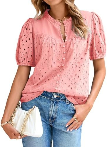Glamaker Womens Summer Tops Blouse 2025 Casual Eyelet Embroidered Short Puff Sleeve Lace Hollow O... | Amazon (CA)