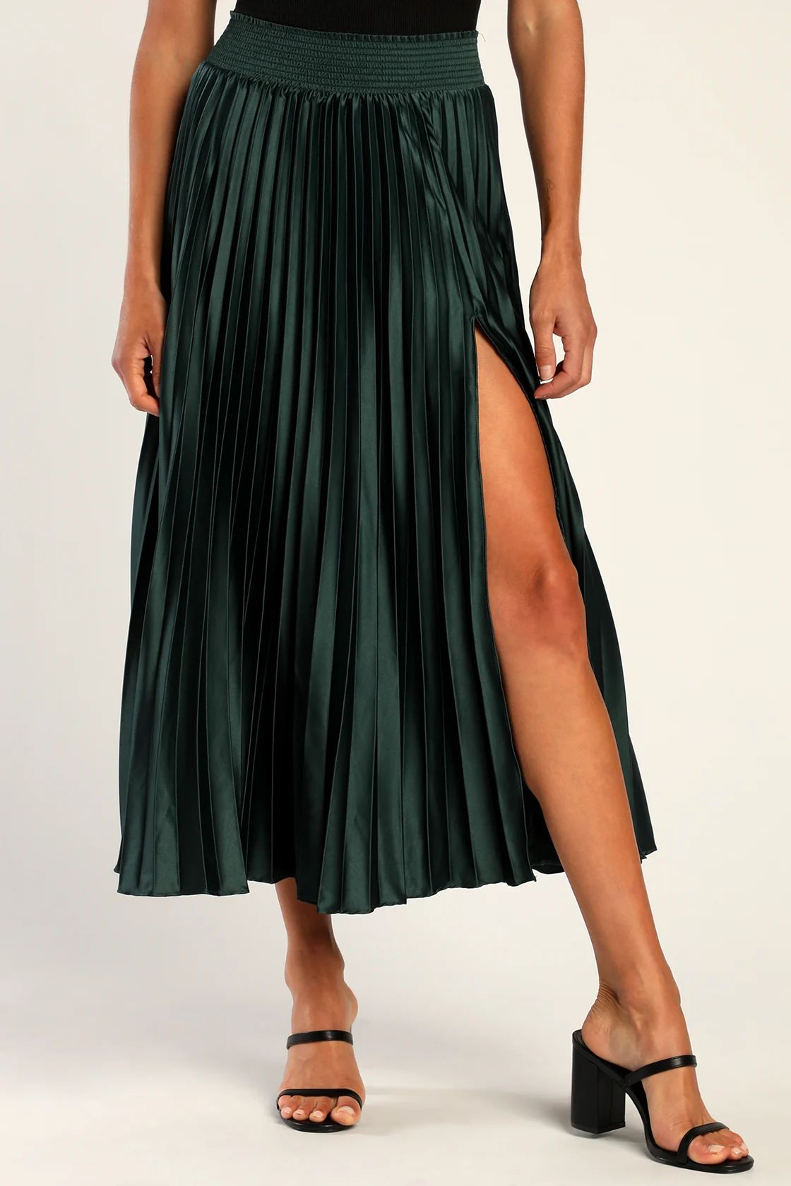 Sophisticated Vision Emerald Green Satin Pleated Midi Skirt | Lulus (US)