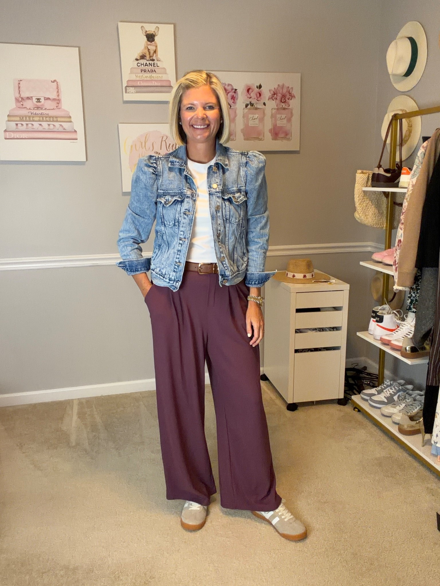 Plum/purple Halara waffle know trousers TTS (M and regular length)
Tan and white Gola sneakers TTS
Puff sleeve denim jacket TTS

#LTKMidsize #LTKWorkwear #LTKOver40