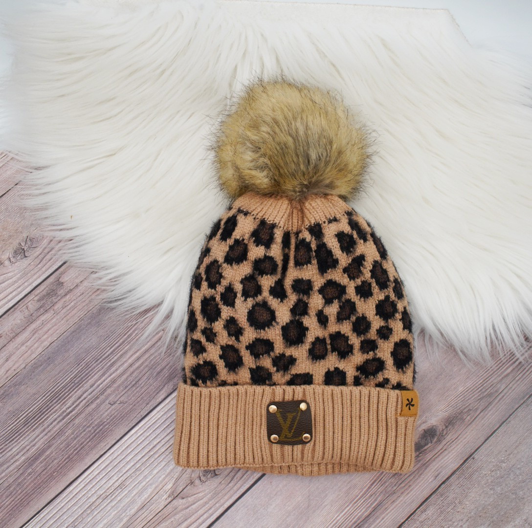 Brown Leopard Pom Pom Beanie with Upcycled LV Monogram Patch | Sparkl