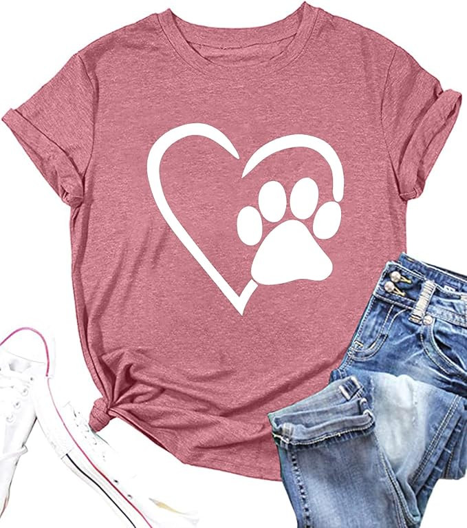 Paw Love Shirt Dog Lover Shirts for Women Paw Print Heart Tee Shirt Cute Dog Mom Short Sleeve Tee... | Amazon (US)