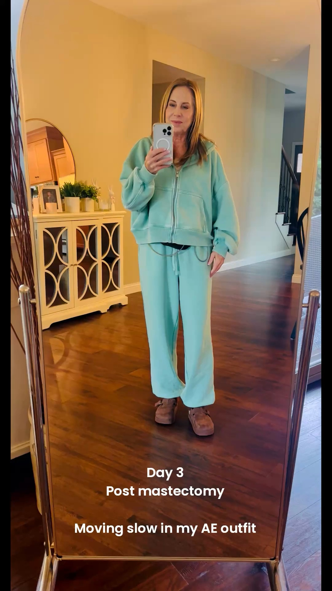 Well it’s day 3 and I’m mostly resting. You can see the drain tubes sticking out under my shirt. 

I’m wearing a size small in this set from AE. It’s soft and cozy. 