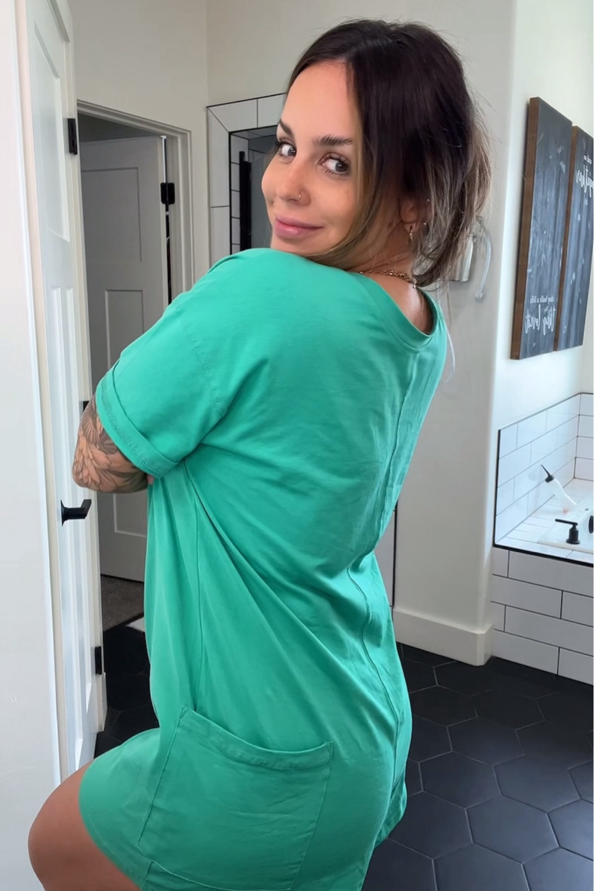 If you’re pregnant or postpartum and you can’t seem to find anhthing you feel good in, I feel you! This romper has made me feel so comfortable in my own unrecognizable skin right now! 10/10 reccomend!
Wearing a Small!  

#LTKworkwear #LTKbump #LTKbaby