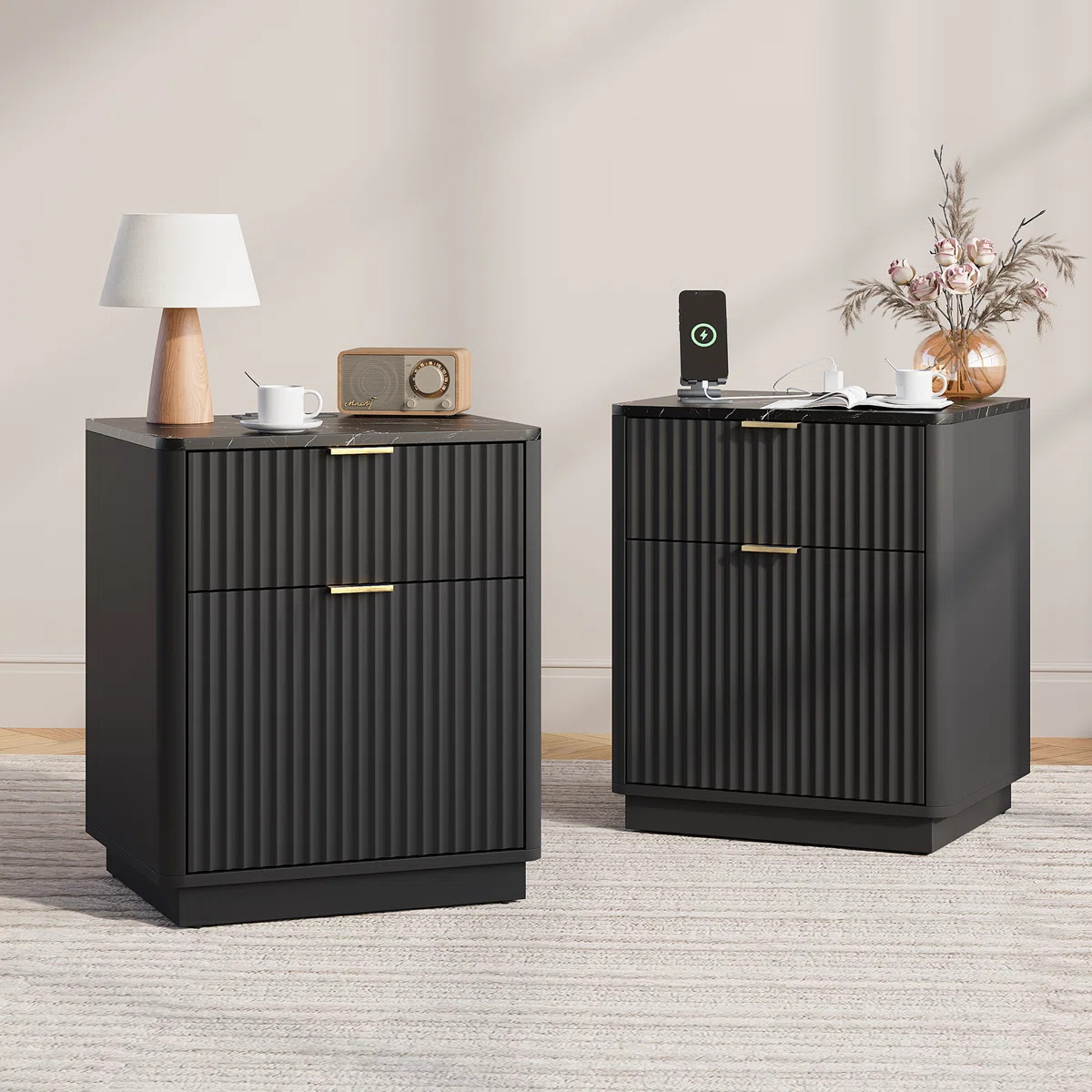 Valerica Fluted Nightstands with Charging Station (Set of 2) | Wayfair North America
