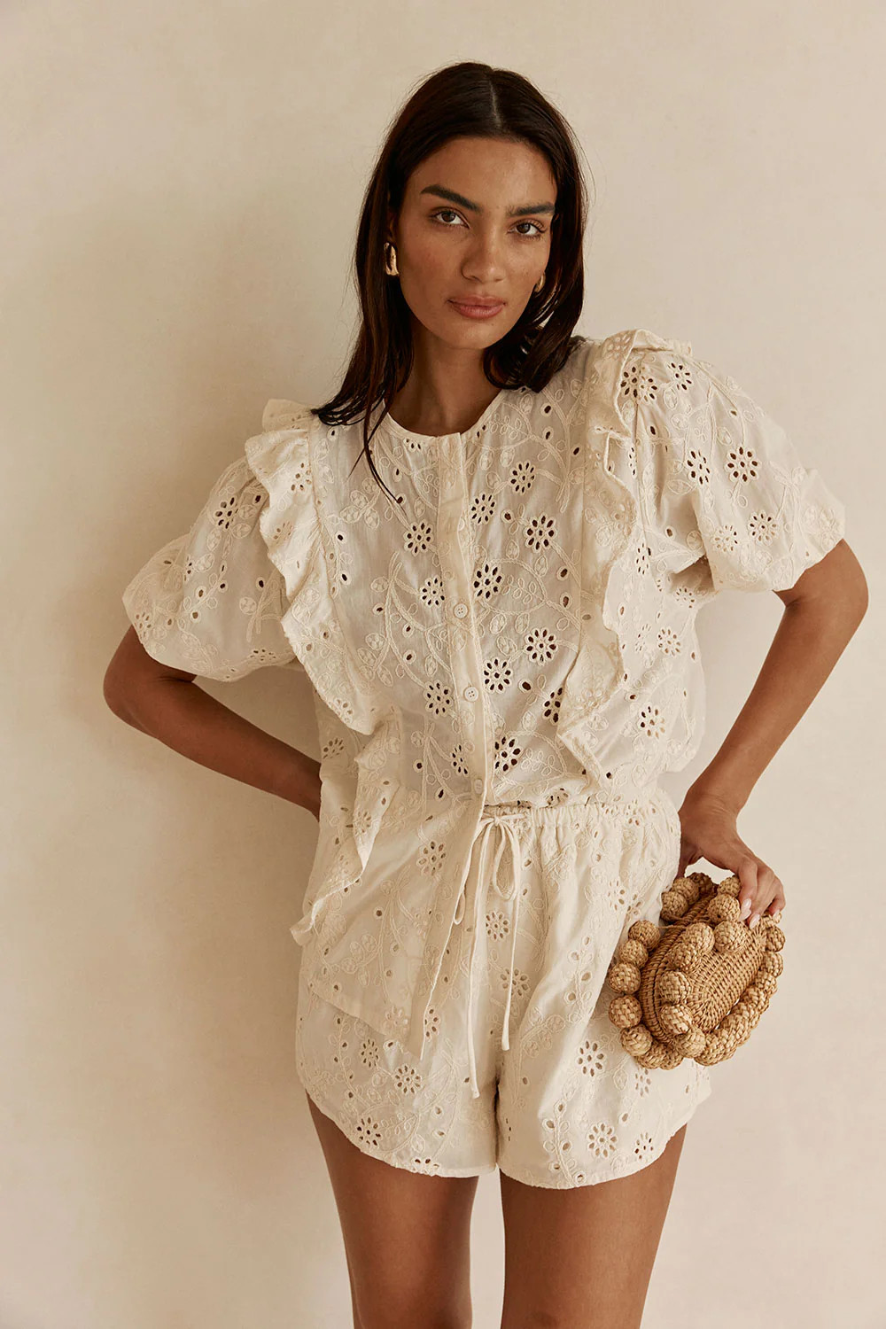 Beige Broderie Ruffle Button Up Wynter Top | Sabo Skirt US