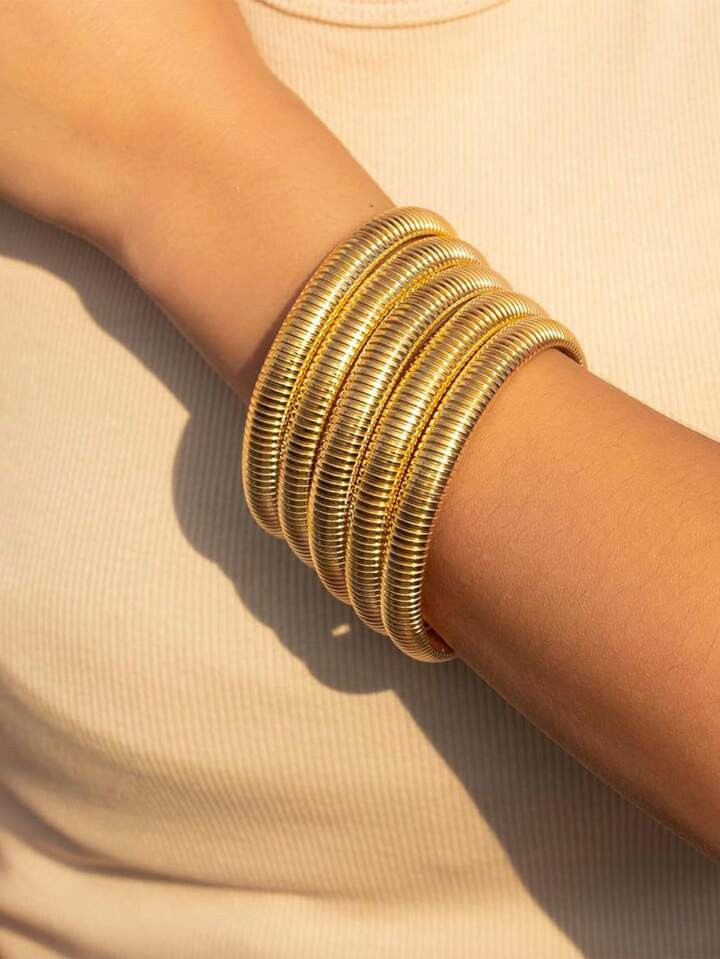 1-5pcs Bangle Multi-Layer Bracelets Set For Women Men,14K Gold-Plated  Polished Chunky Twisted Sp... | SHEIN