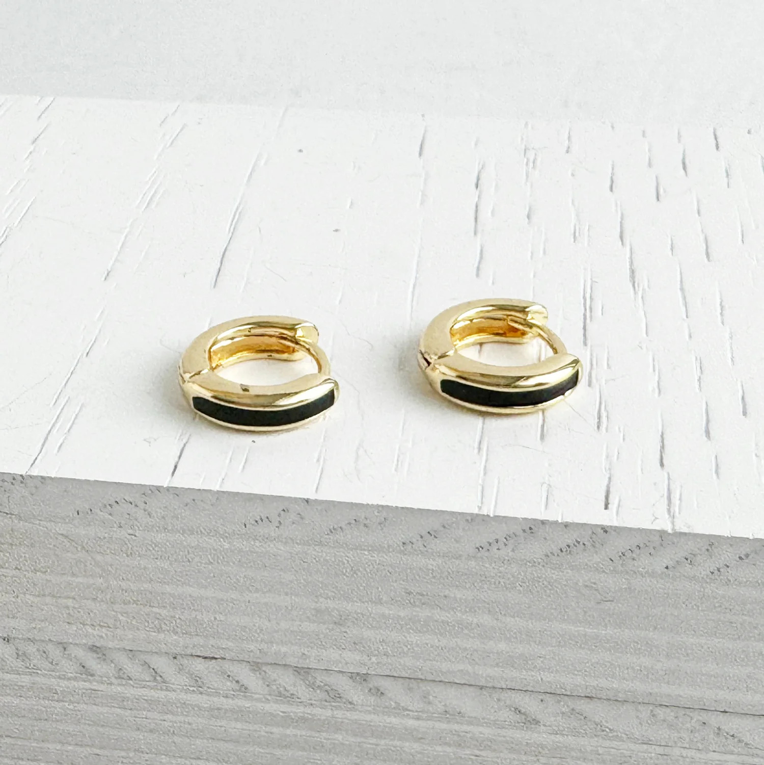 Black Enamel Huggie Earrings in 18k Gold | Rustic Gem Jewelry