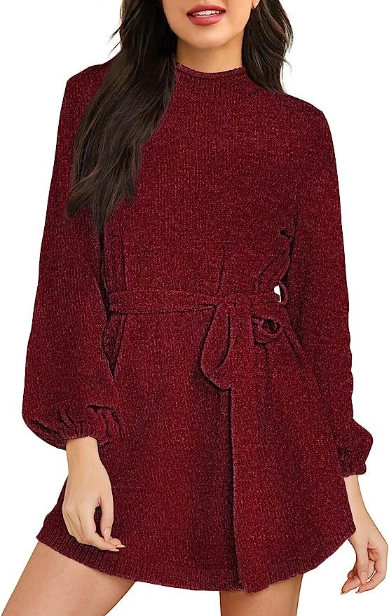 HAPCOPE Women's Mock Neck Lantern Long Sleeve Chenille Sweater Dress with Belt | Amazon (US)