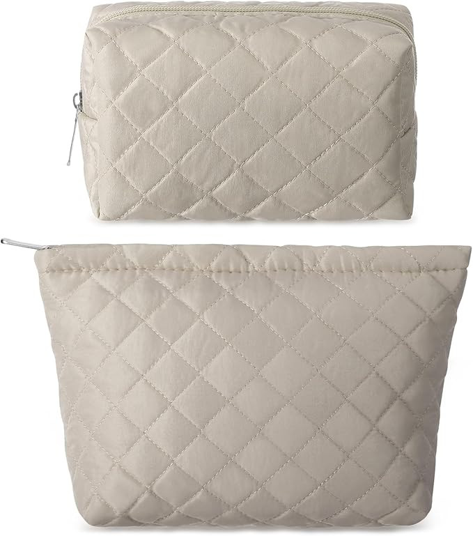 2 Pcs Quilted Makeup Bag Aesthetic Cosmetic Pouch for Women Puffer Travel Toiletry Bag Set Cotton... | Amazon (US)