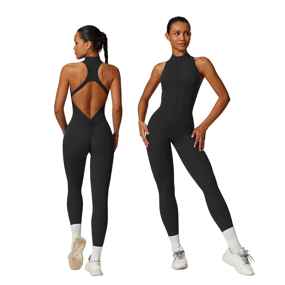Sleeveless Workout Jumpsuit for Women Zip Up Romper Shorts V Back Scrunch Sexy One Piece | Amazon (US)