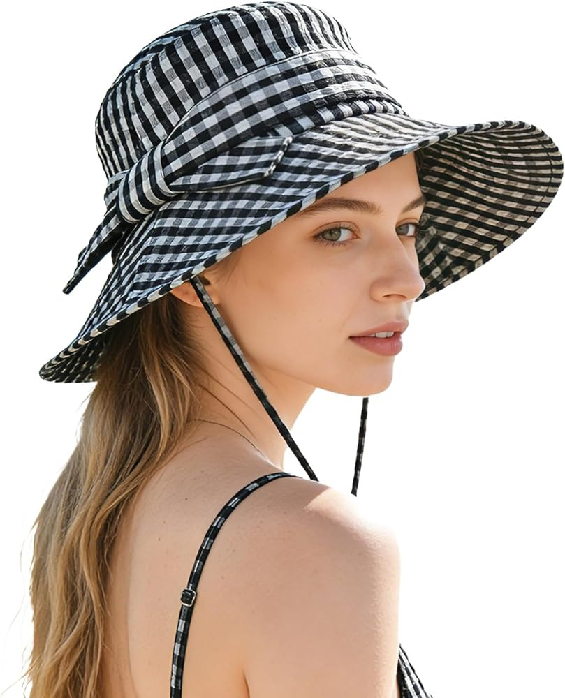 Women's Summer Plaid Sun Hat 100% Cotton Beach UV Protection Fishing Hat | Amazon (US)