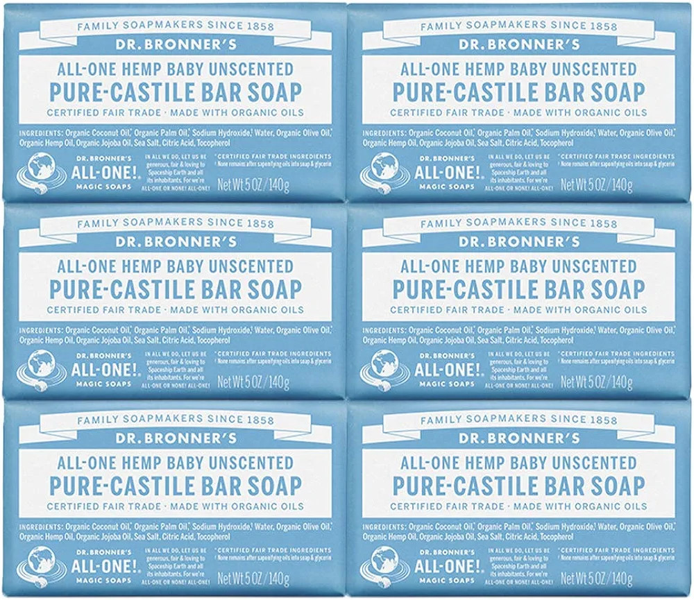 Dr. Bronner's - Pure-Castile Bar Soap (Baby Unscented, 5 oz, 6-Pack) -Made with Organic Oils, For... | Amazon (US)
