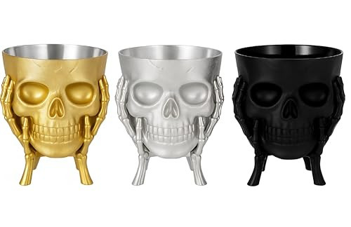 (3) Halloween Decorative Skull snack Bowl Set, Gold Silver Black, Metallic Finish, Gothic Halloween Party Barware, 3 Pieces Holiday Seasonal Collection Caddy Bowl cup | Amazon (US)