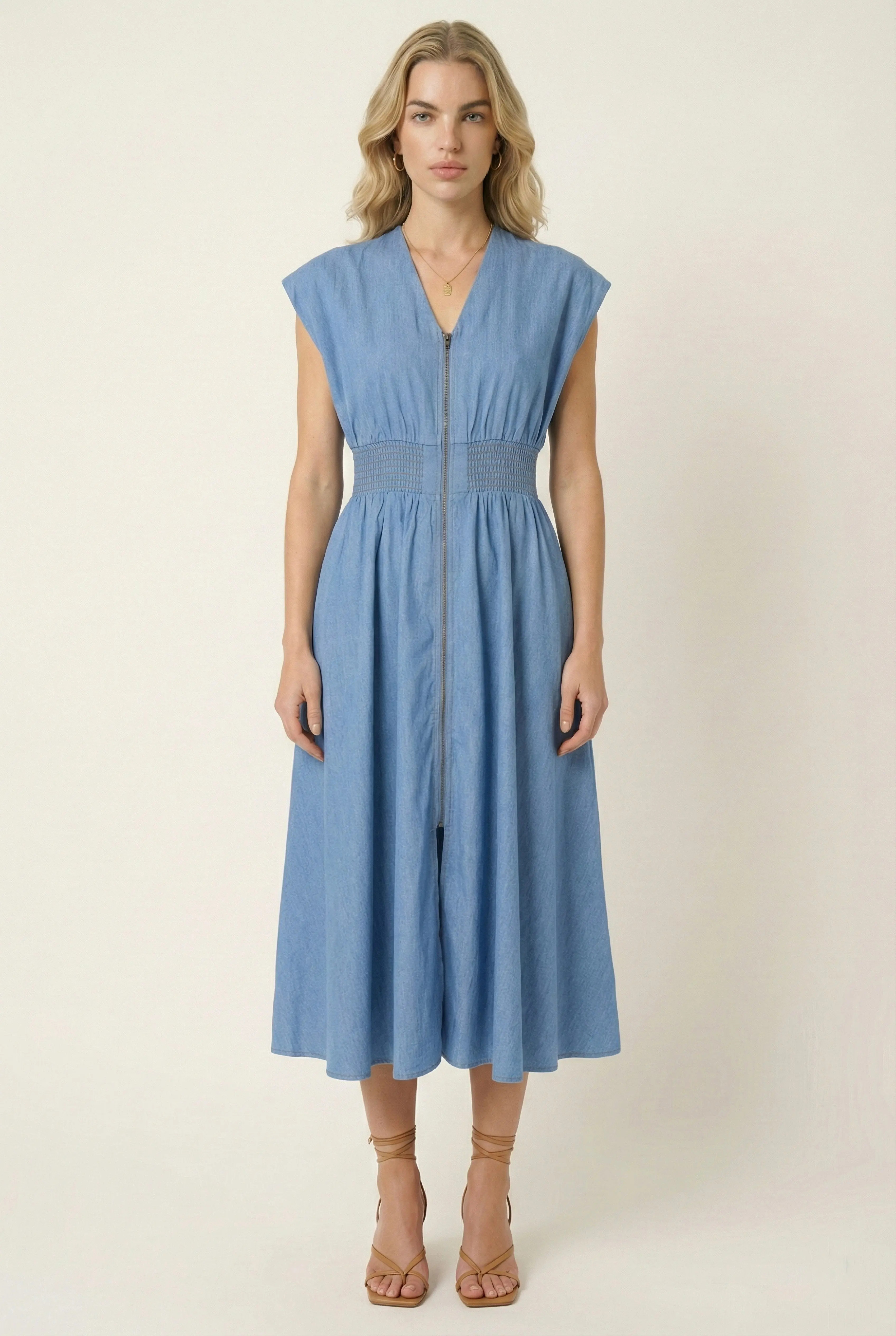 Modenaire Zip Front Midi Dress with Cap Sleeves and Smocked Waist in Denim at Nordstrom, Size Large | Nordstrom