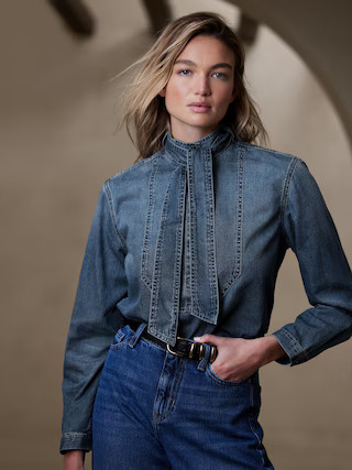 Una Denim Tie-Neck Blouse | Banana Republic (US)