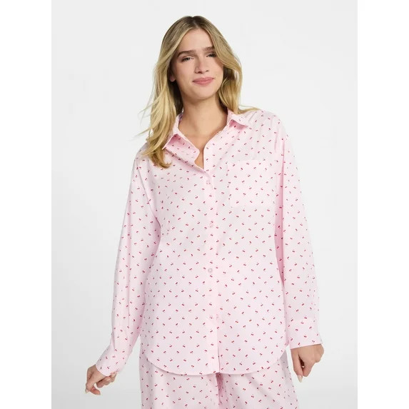 No Boundaries Sleepwear Woven Cotton Button-Down Shirt, Women's XS-XXL | Walmart (US)