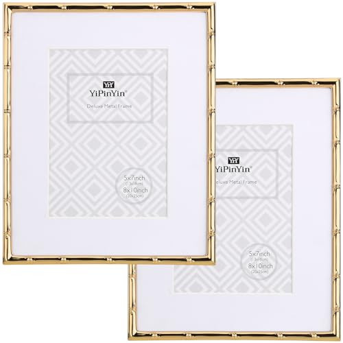8x10'' Bamboo Detail Gold Metal Picture Frame with Acid Free Mat for 5x7'' Set of 2, Narrow Gold Plated Photo Frames 5 x7'' With Soft Touch Velvet Backing for Desktop and Wall Décor(Dark Gold) | Amazon (US)
