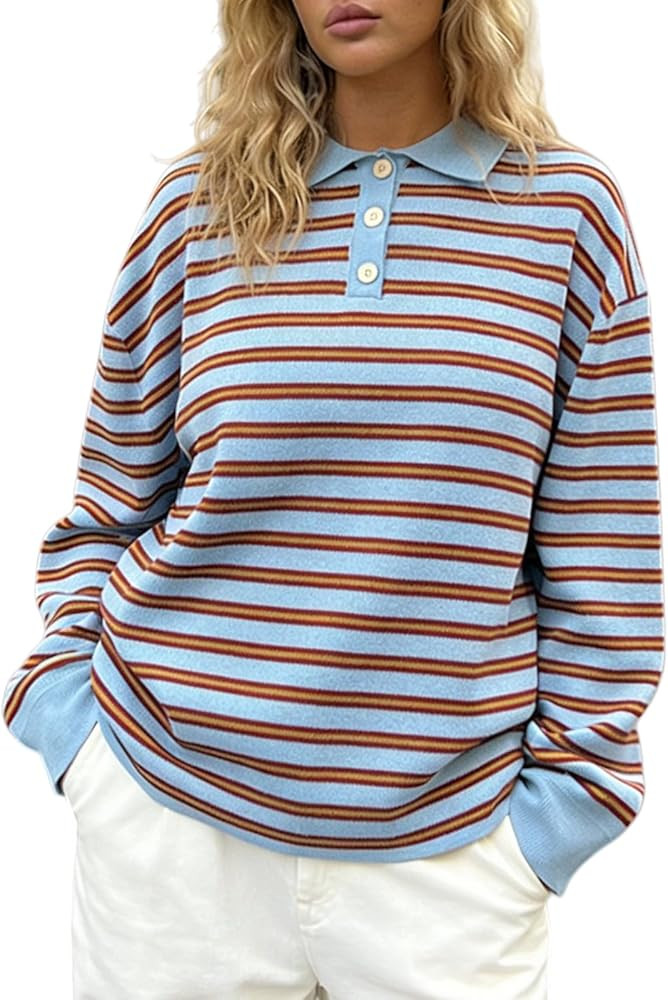 Oversized Striped Sweater for Women Collared Long Sleeve Preppy Polo Sweater Vintage Aesthetic Kn... | Amazon (US)