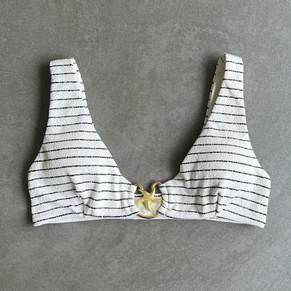 White & Black Seashore Striped Textured Cassia Bikini Top | MyBrazilianShop