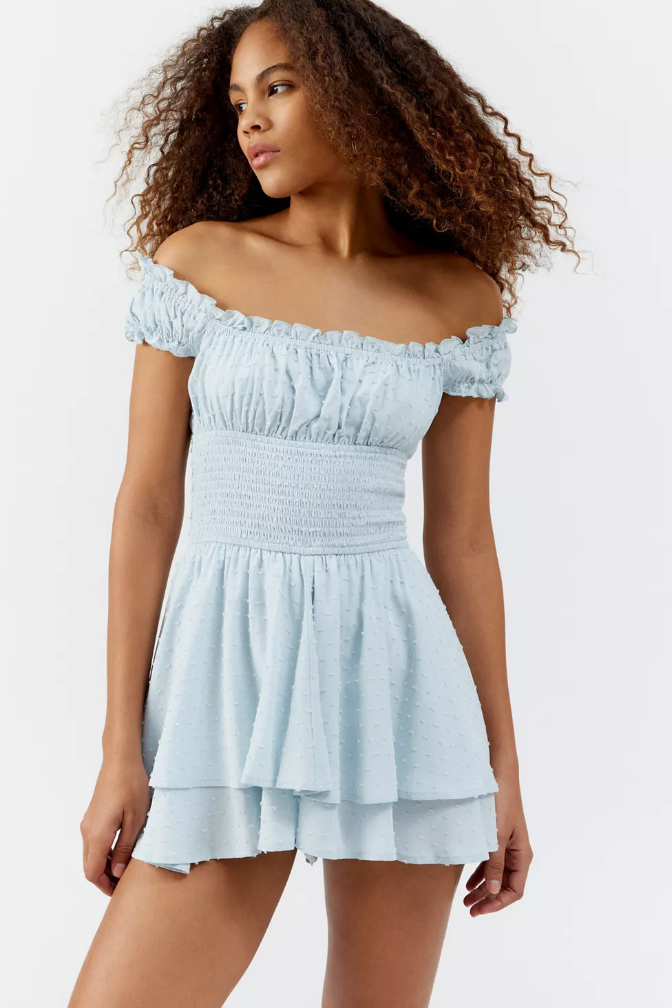 UO Rosie Smocked Tiered Ruffle Romper | Urban Outfitters (US and RoW)