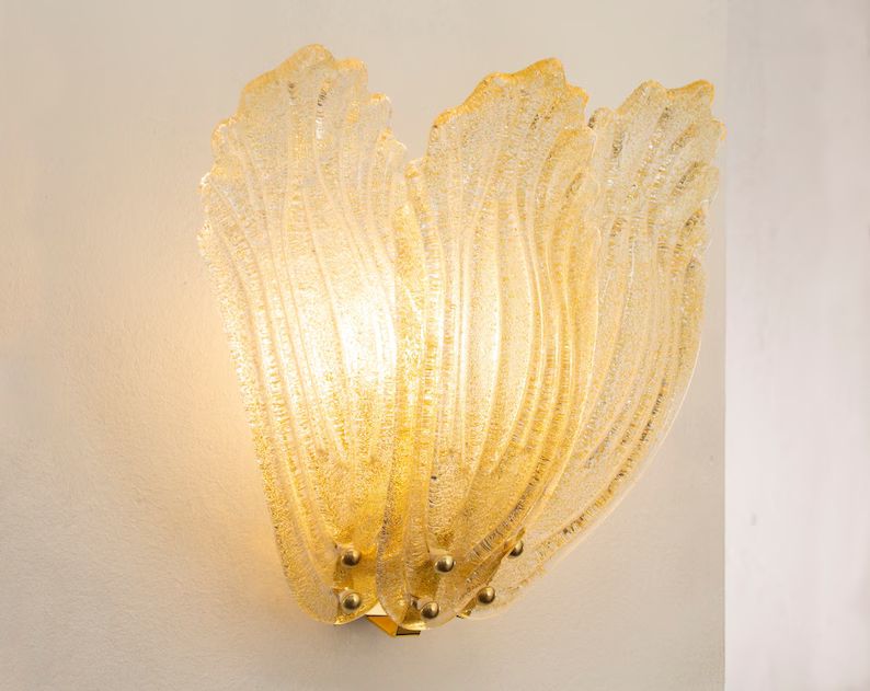 Large Wall Sconce With 3 Amber Coloured Leaves in Murano Glass and Gold Structure, Made in Italy ... | Etsy (US)