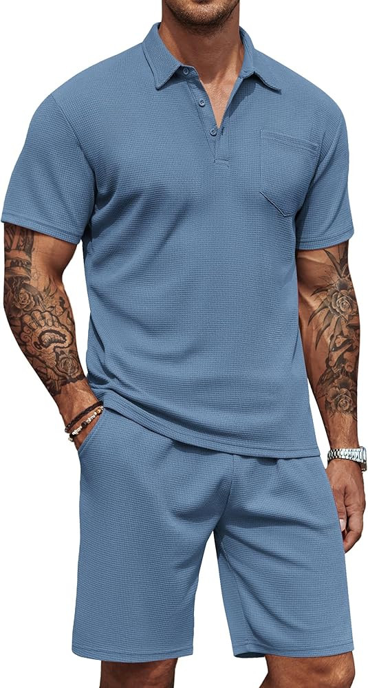 COOFANDY Men's Waffle Knit Polo Shirt and Shorts Set 2 Pieces Outfits Summer Suit Casual Tracksui... | Amazon (US)