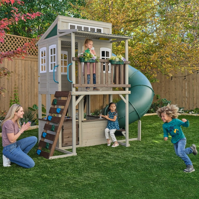 KidKraft Cozy Escape Wooden Outdoor Two-Story Playhouse with Slide, Kitchen, Rock Wall and Bench ... | Walmart (US)